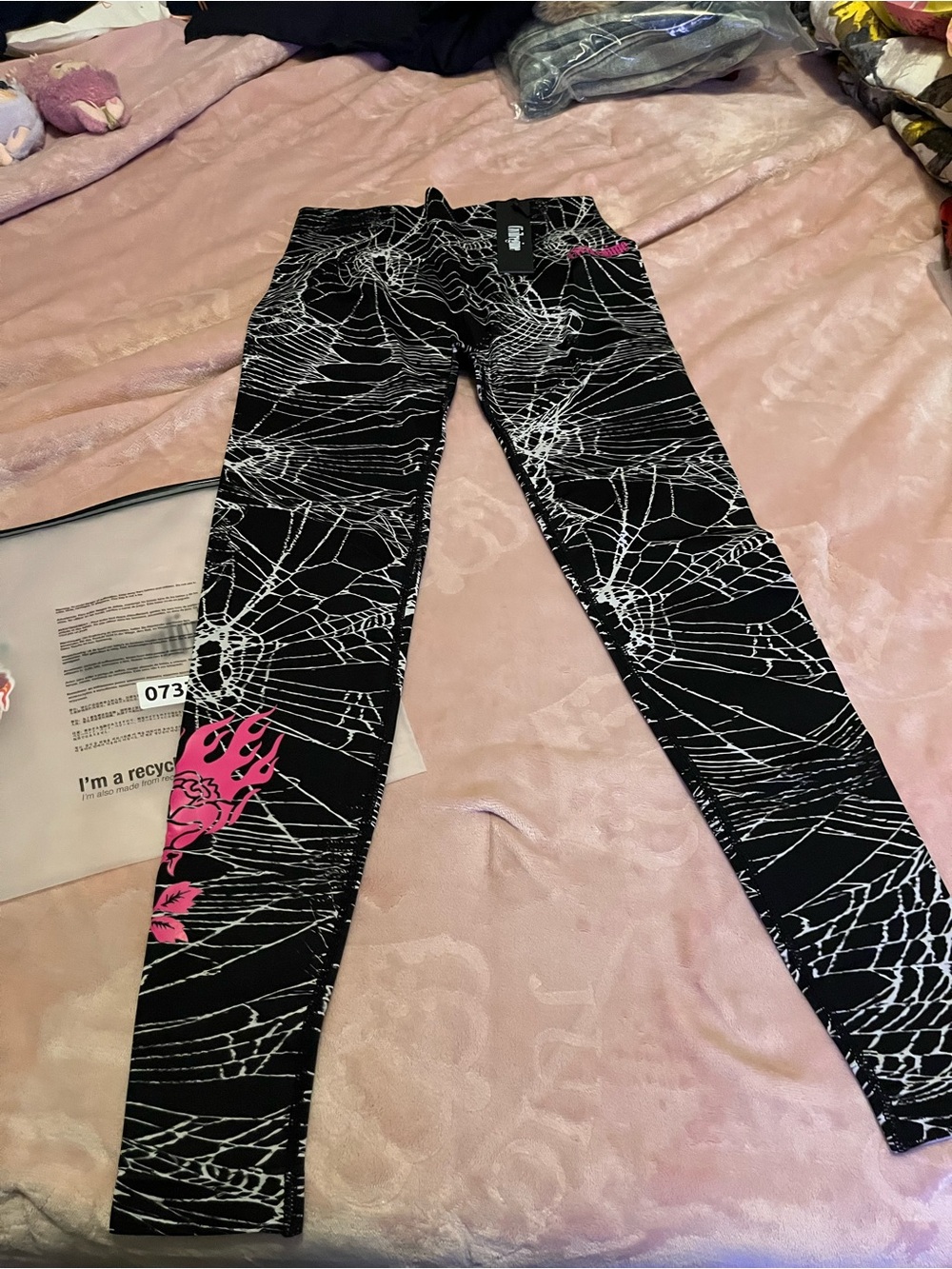 Black Spiderweb Print Jeggings with Pink Accent -
